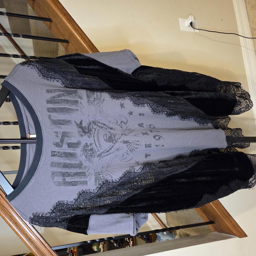 Free People Austin Texas 1976 Graphic Lace Trim Velvet Panel Shirt Oversize XS